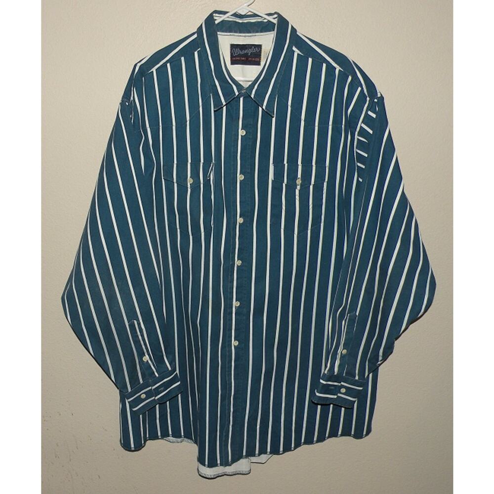 Vtg 90s Wrangler Brushpopper Men's 20-36 XXL LS Western Shirt Teal Blue Stripe